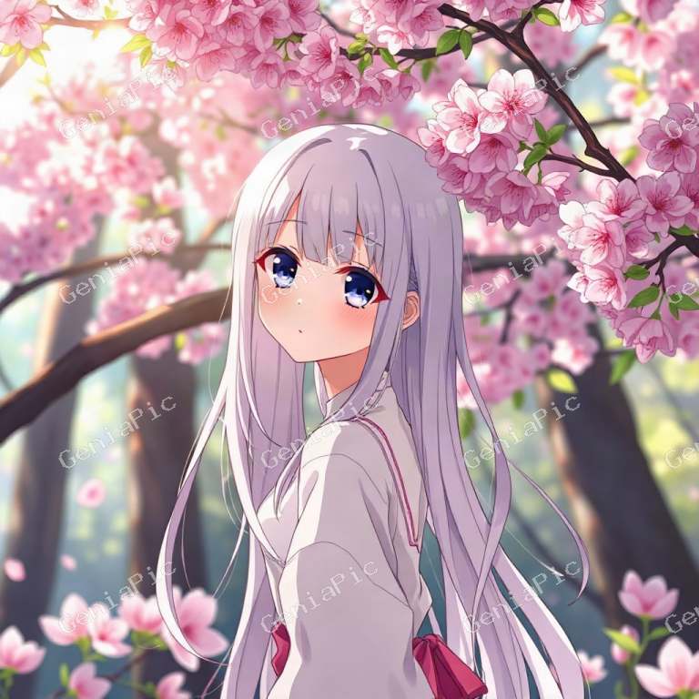 A beautiful anime girl with flowing silver hair standing in a blooming cherry b…