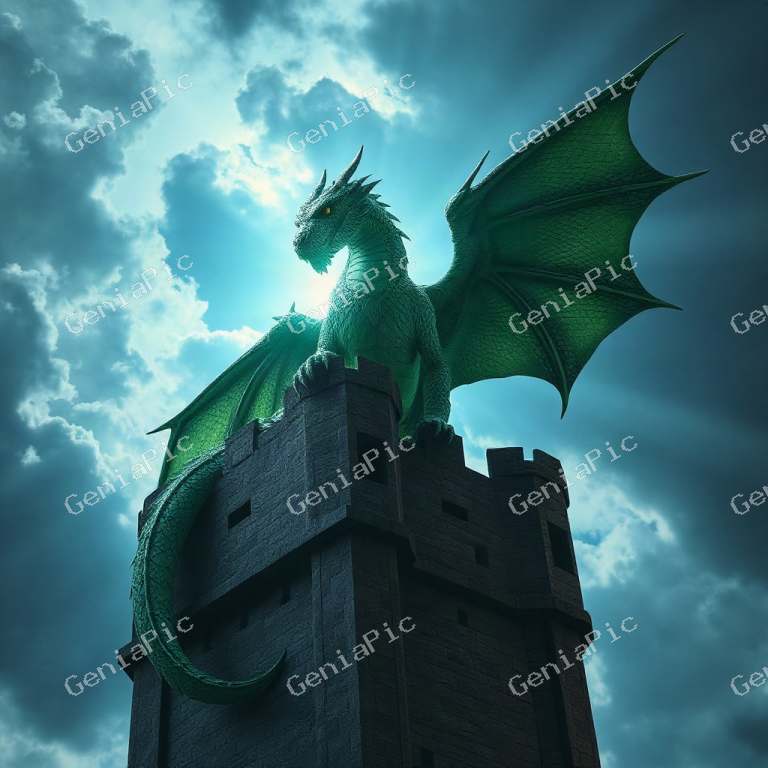 An enormous emerald dragon perched on an ancient castle tower under a stormy sk…