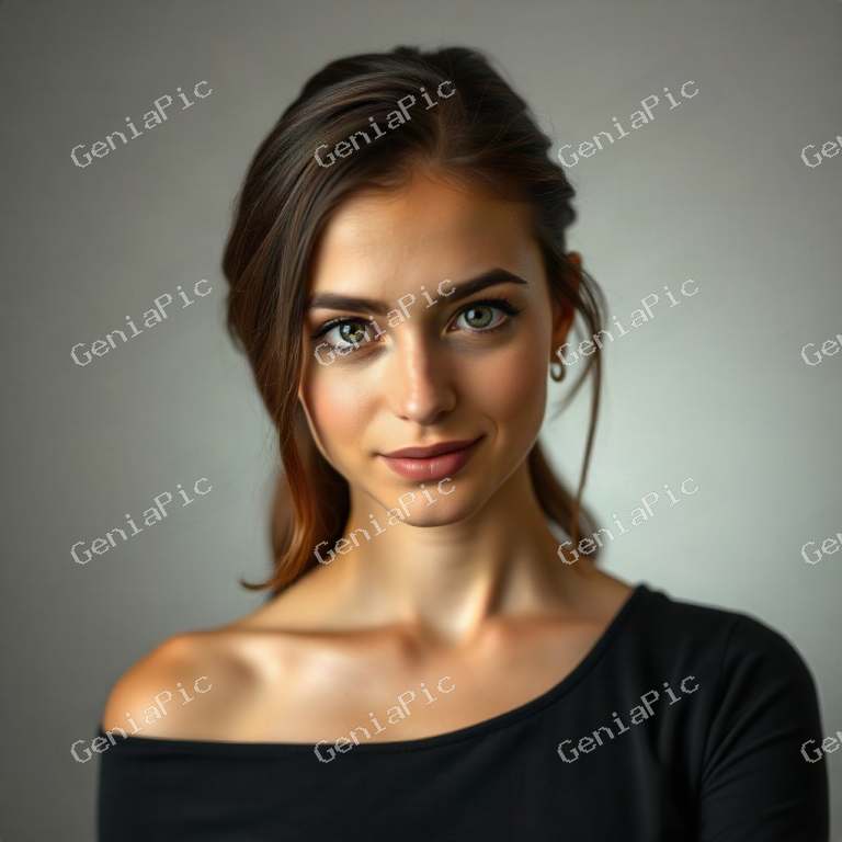 Professional studio portrait of a confident young woman, soft key lighting, sha…