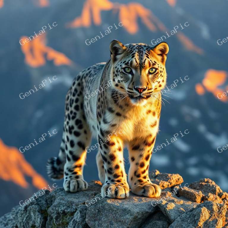 A majestic snow leopard standing on a rocky mountain peak at golden hour, pierc…