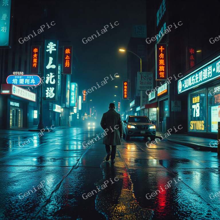 A cyberpunk city street at night in the rain, neon signs reflecting on wet asph…