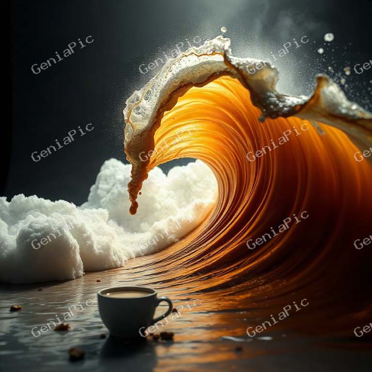 a giant wave made entirely of glowing coffee crashing over a tiny coffee cup, d…