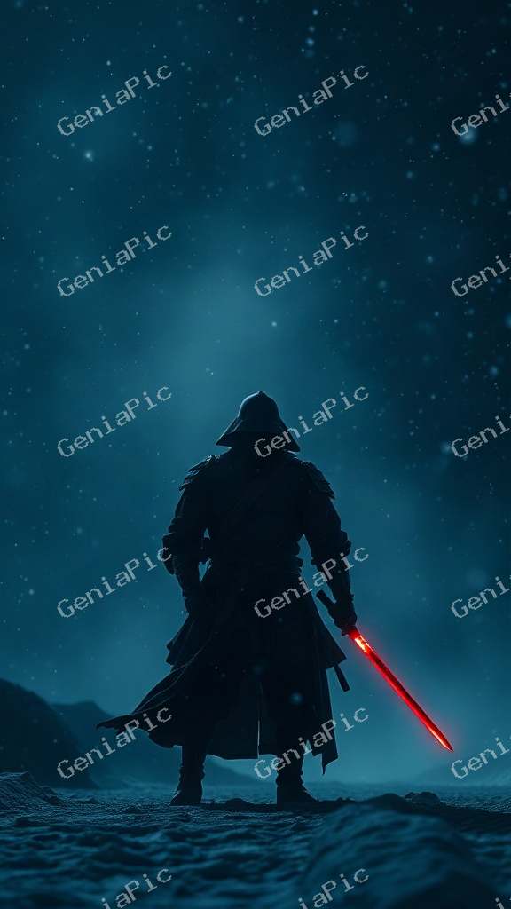 vertical phone wallpaper, silhouette of a samurai standing in falling snow at n…