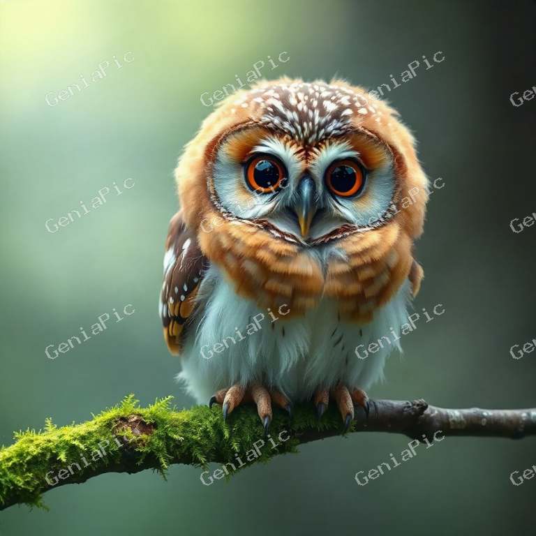 an extremely fluffy baby owl with giant round eyes sitting on a mossy branch, m…