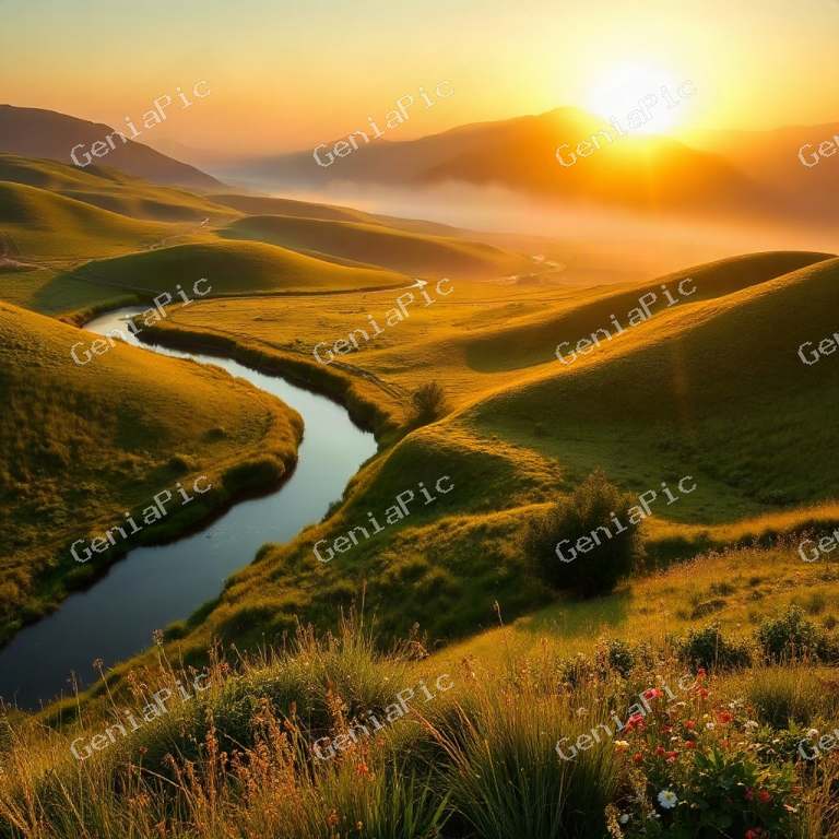 A breathtaking, realistic natural landscape photo. A serene river winding throu…